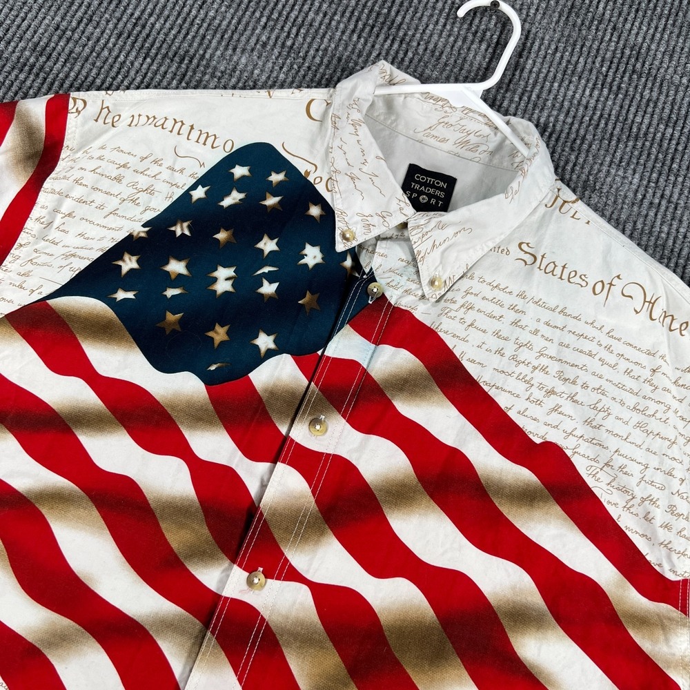 Cotton Traders Sport Shirt Mens 2XL XXL White American Flag Short Sleeve Button